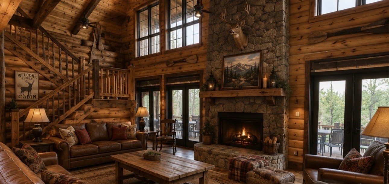 Concept reference: great room with stone fireplace, vaulted ceiling and layered seating