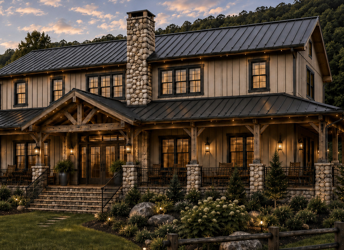 Restoration concept for the Ember Ridge lodge — timber and stone with a covered wraparound porch at dusk