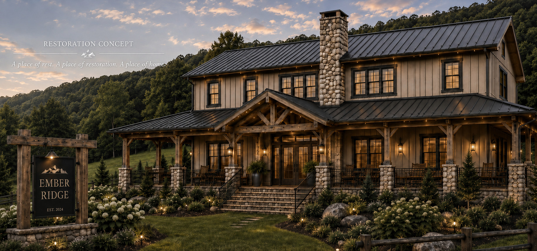Restoration concept for the Ember Ridge lodge — timber and stone with a covered wraparound porch
