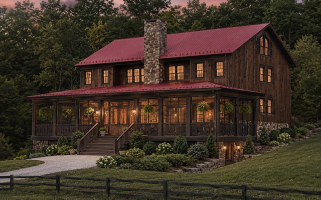 Concept reference: the renovated lodge at dusk, with a wraparound covered porch and stone chimney