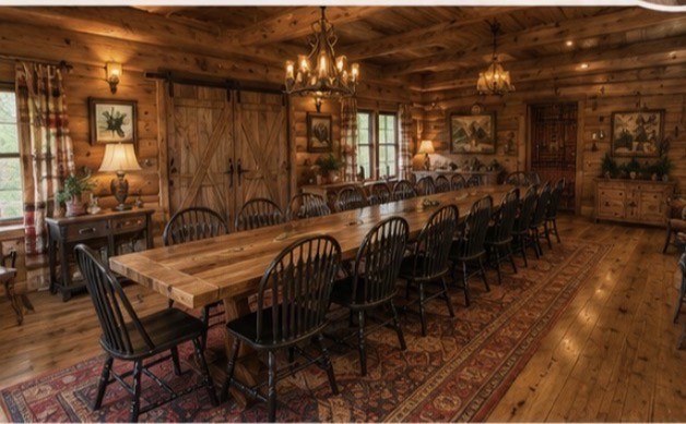 Concept reference: long dining table set for a large gathering in a timber room