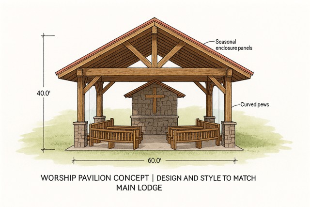 Concept drawing: worship pavilion, approximately forty by sixty feet, with seasonal enclosure panels and curved pews