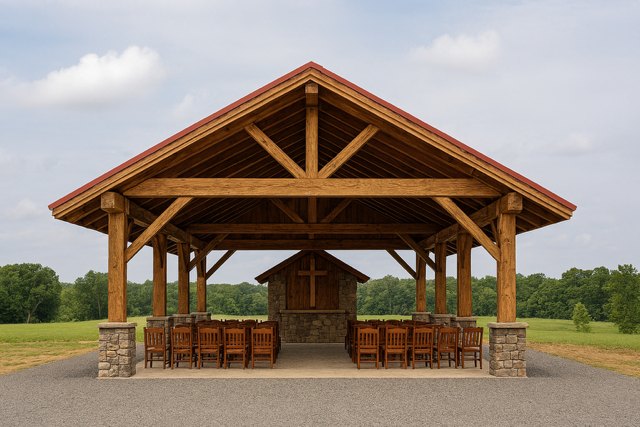 Concept reference: worship pavilion seen from the front, with timber trusses and seating