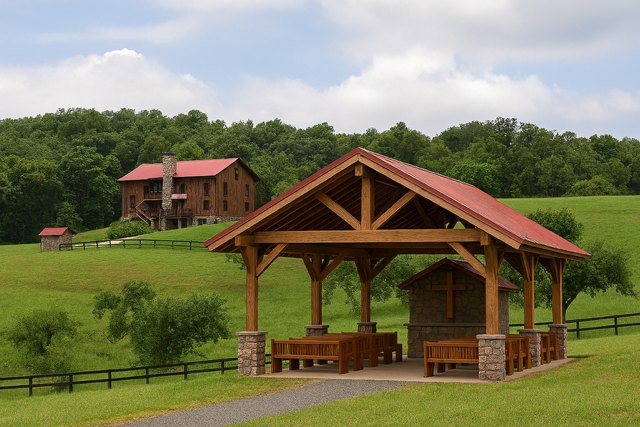 Concept reference: worship pavilion set in open pasture with the lodge beyond
